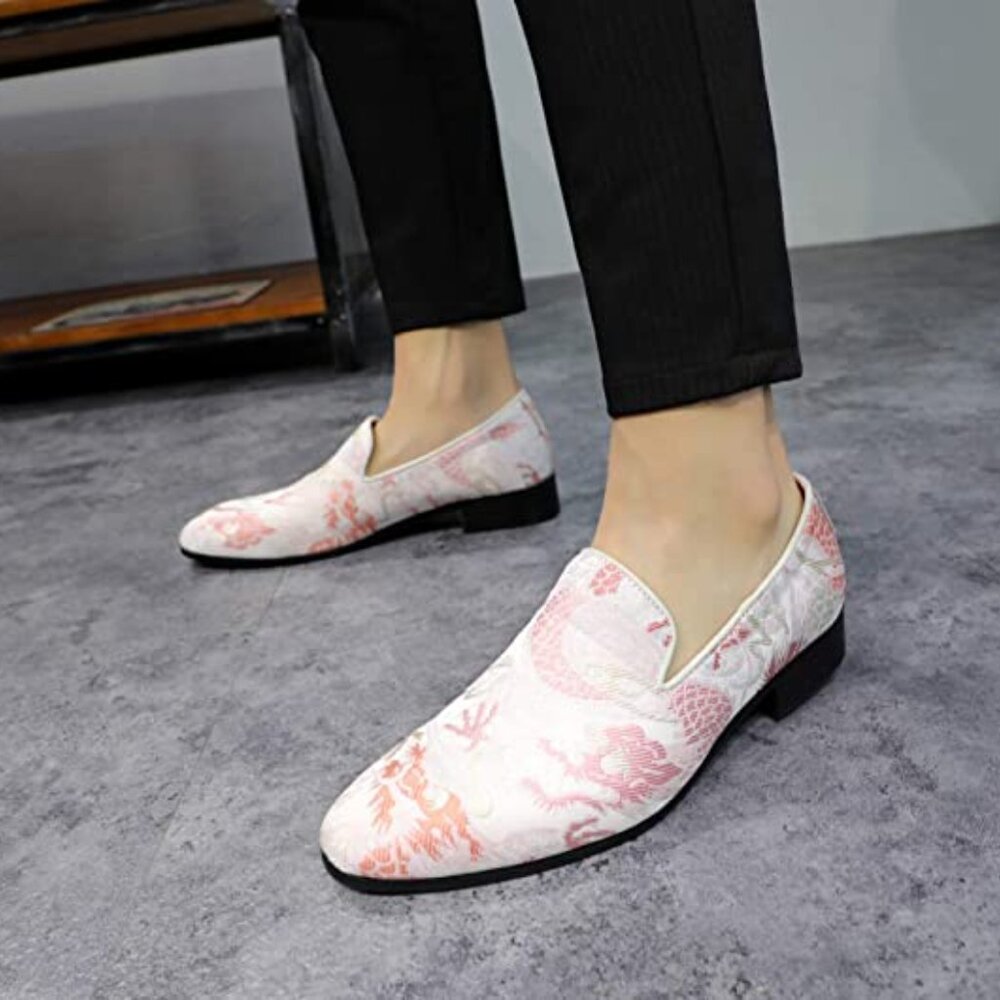 Santimon Men's US 7‎ - 12.5 Pink Casual Embroidery Smoking Loafers Dress Shoes - Picture 10 of 12